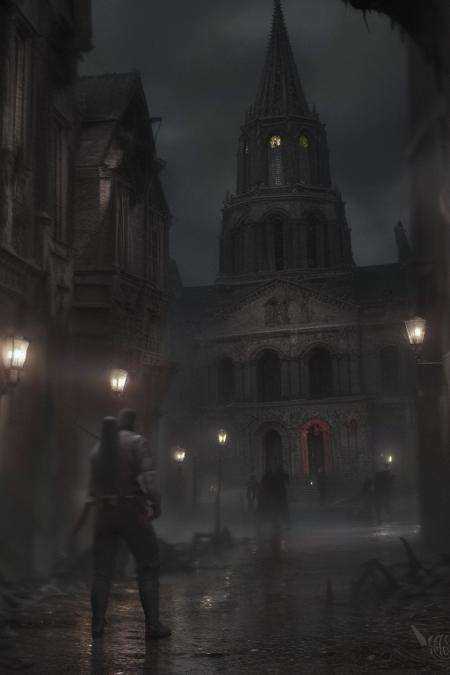 gloomy,In a broken village,blood,dark,masterpiece,best quality,HDR.UHD.4K,8K,64K,Highly detailed,ultra-finepainting,extreme detail description,Professional,<lora:gloomy-v1:1>,
