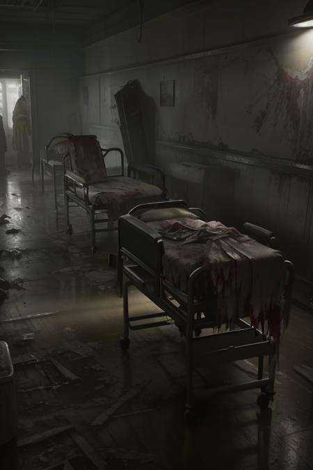 gloomy,In a broken hospital,blood,dark,masterpiece,best quality,HDR.UHD.4K,8K,64K,Highly detailed,ultra-finepainting,extreme detail description,Professional,<lora:gloomy-v1:0.6>,<lora:gloomy-v2:0.4>,