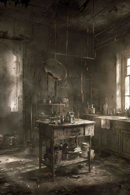gloomy,In a broken kitchen,blood,dark,masterpiece,best quality,HDR.UHD.4K,8K,64K,Highly detailed,ultra-finepainting,extreme detail description,Professional,<lora:阴暗诡异gloomy-v2:1>,