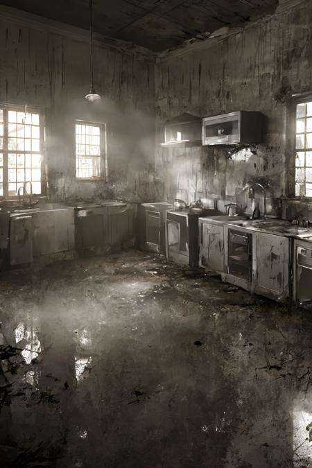 gloomy,In a broken kitchen,blood,dark,masterpiece,best quality,HDR.UHD.4K,8K,64K,Highly detailed,ultra-finepainting,extreme detail description,Professional,<lora:阴暗诡异gloomy-v2:1>,