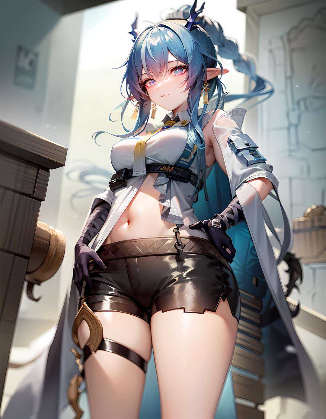 masterpiece, best quality, high resolution, OriginalOutfit, Ling Shorts, 1girl, solo, cowboy shot, hands on chests, standing, <lora:ArknightsLing64:0.7>, 