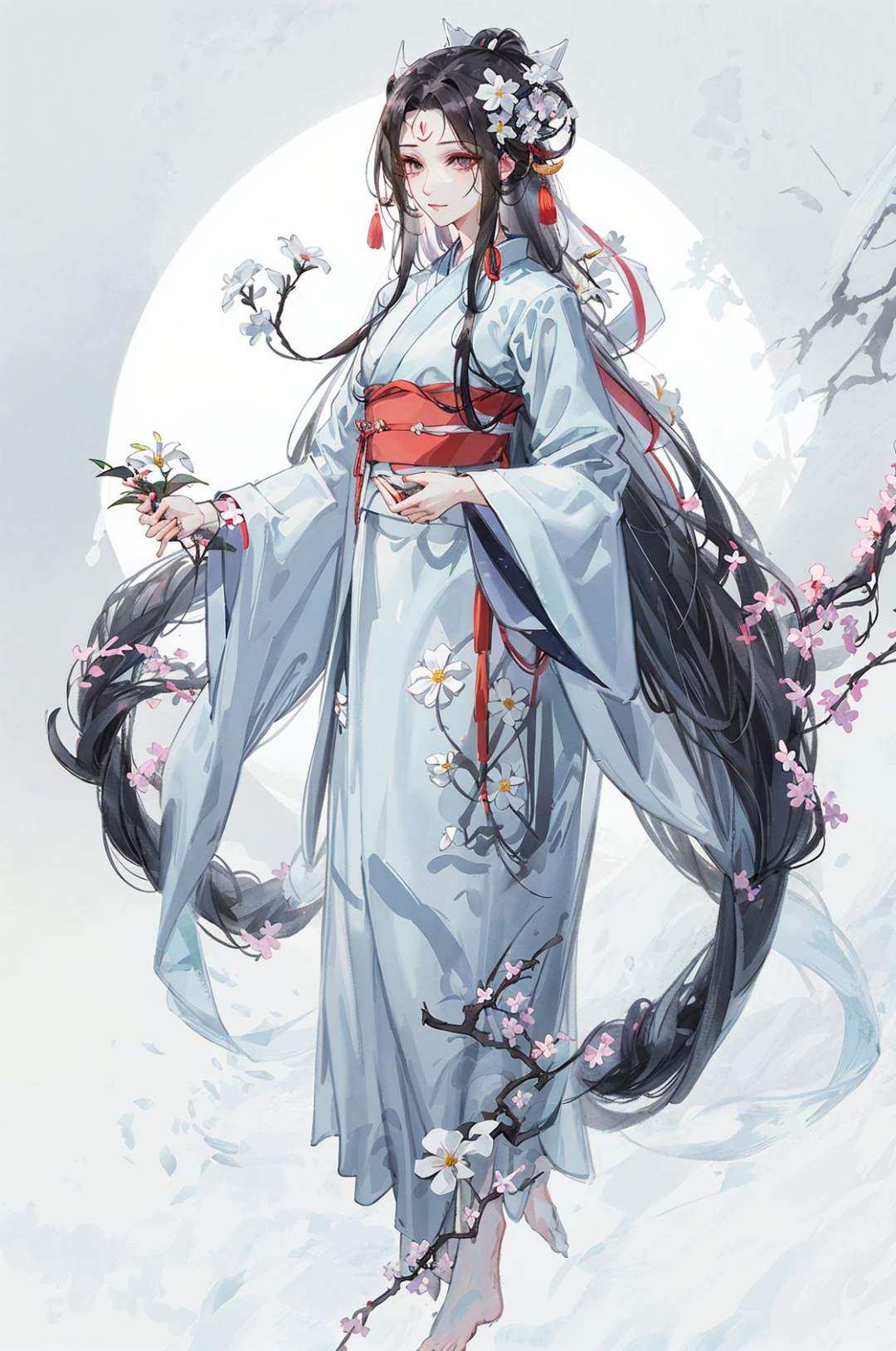flower, solo, hanfu, long hair, black hair, 1girl, hair ornament, chinese clothes, holding, full body, long sleeves, wide sleeves, jewelry, standing, forehead mark, grey background, shawl, hair flower, white flower, ,    <lora:guoman2:0.8>