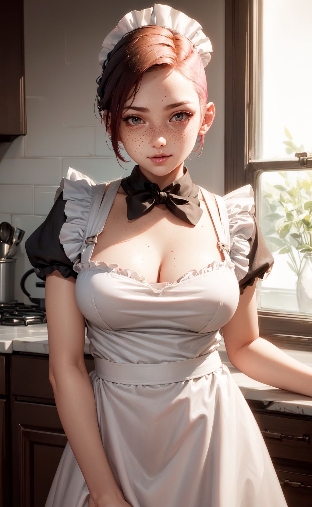 a closeup portrait of a playful maid,  undercut hair,  apron on Tensor.Art