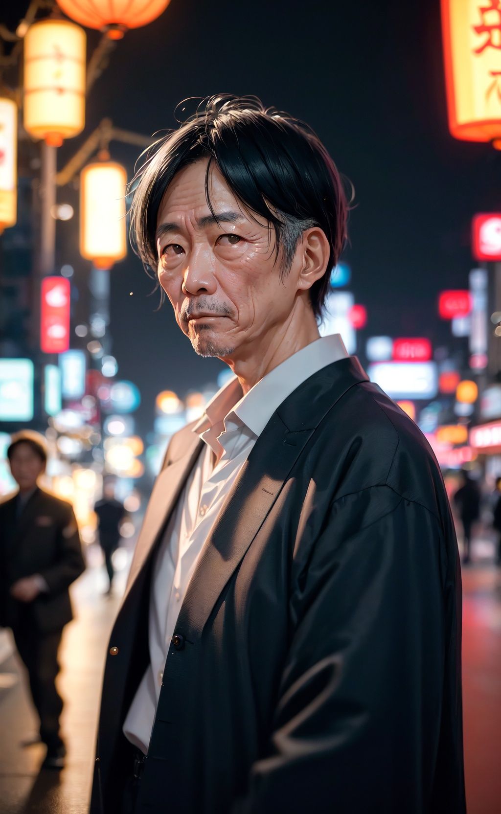 RAW photo,  a portrait photo of 50 y.o japanese man in clothes,  night tokyo on Tensor.Art