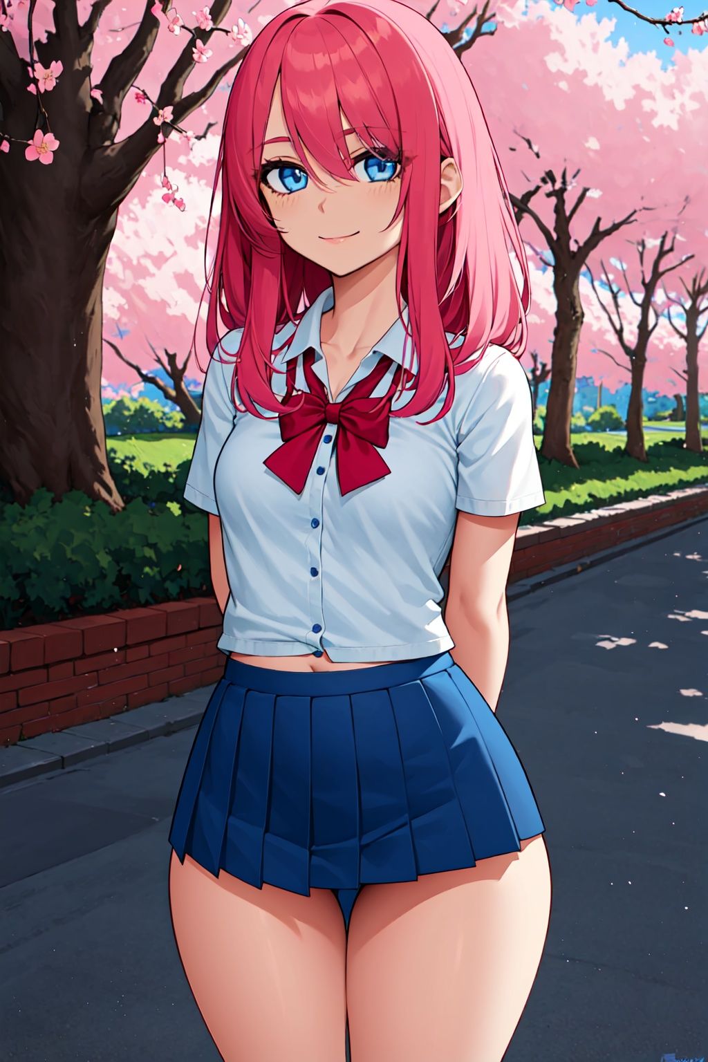 schoolgirl, pink hair, small breasts, (wide hips:1.2), standing, smile, school uniform, blue miniskirt, hands at sides, looking at viewer, outside, near tree, arms behind back, (road:0.6), pov, looking at viewer, facing viewer, perfect eyes, blue eyes, cherry blossom