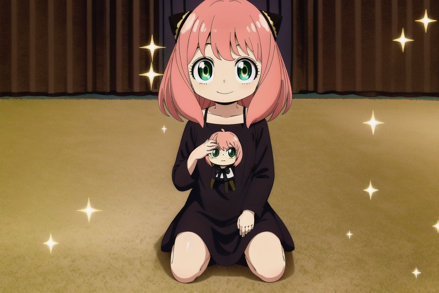 on kneels on the floor,  holding a doll,  looking at viewer on Tensor.Art