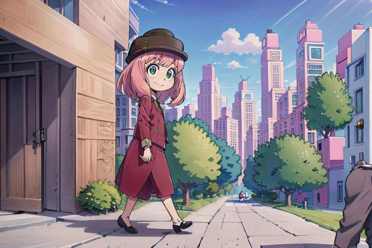 full body,  wearing fancy clothes and a fancy hat,  walking by the downtown on Tensor.Art