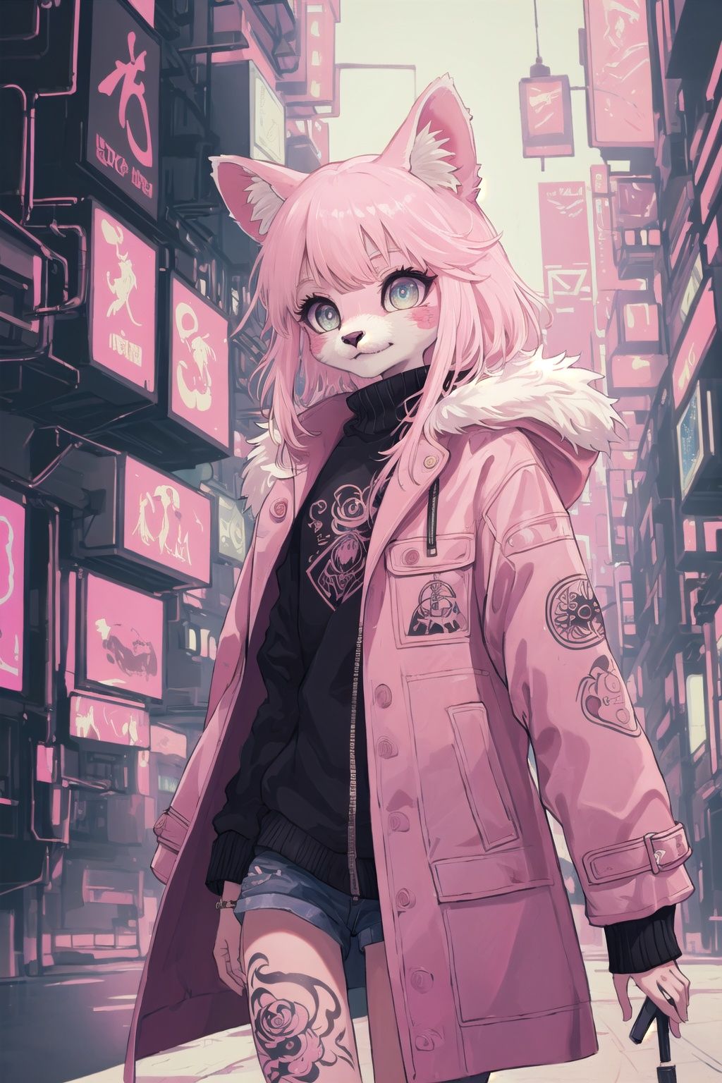 ((best quality)), (((masterpiece))), (highres), original, extremely detailed 8K wallpaper, (an extremely delicate and beautiful pink femalefurry:1.3),(coat),(cyberpunk),(spirit),(beautiful detailed eyes),world masterpiece theater, depth of field,(pink kemono),(++++corruption tattoo++++),