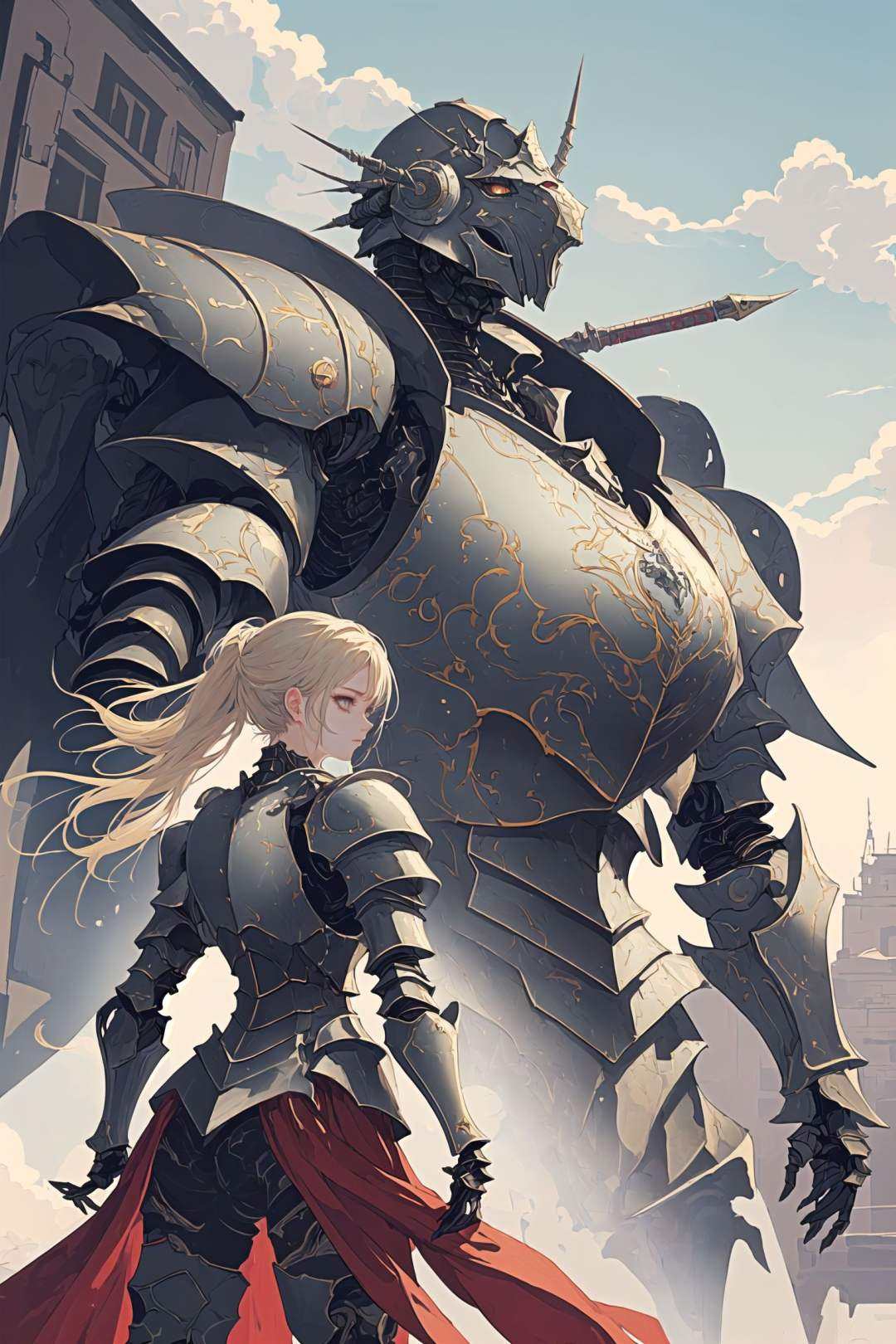 ((best quality)), (((masterpiece))), (highres), original, extremely detailed 8K wallpaper, steampunk art,(((an extremely delicate and beautiful ))),1girl,,(With a huge armored warrior in the background:1.5),With a huge armored warrior in the background,(A huge armored warrior stands behind),<lora:yogisya-0.1-6-b31-bf16-D128-A1-1-ep64-768-DAdaptation-cosine:0.2> <lora:portrait-0.1-2-b28-bf16-D128-A1-1-ep64-768-DAdaptation-cosine:0.4> <lora:ezu-0.1-4-b29-bf16-D128-A1-1-ep64-768-DAdaptation-cosine:0.4>