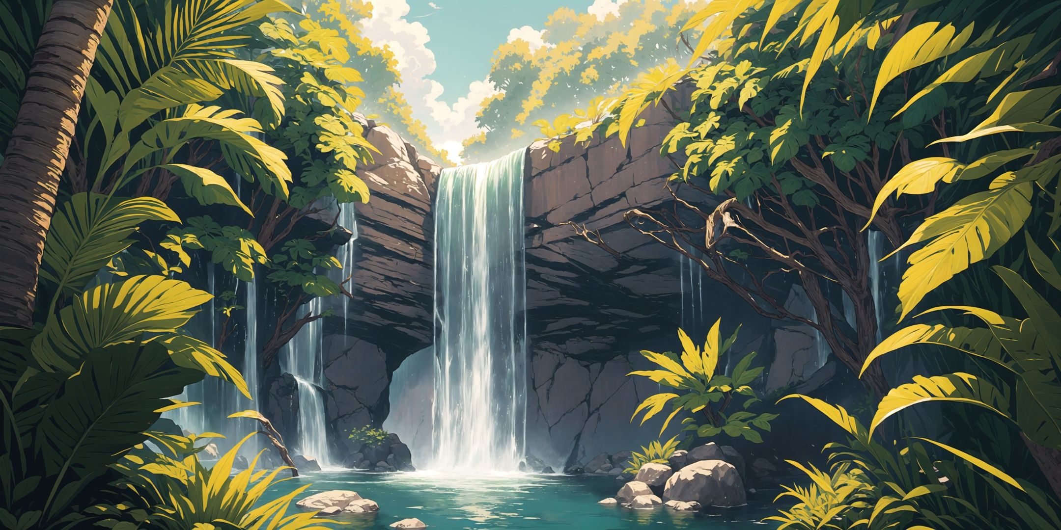((masterpiece)),((best quality)),8k,high detailed,ultra-detailed,pixel art,animated,waterfall,lush jungle foliage,multiple layers of parallax,natural color palette,dappled lighting,subtle animation,creating an immersive naturalistic scene, 