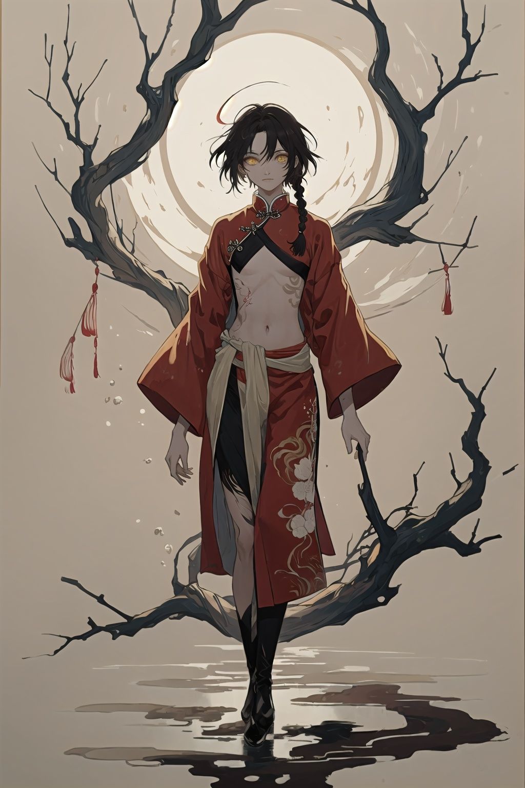 melting, abstract, [1boy who has white hair, short hair with long locks,small breast ,messy hair, red eyes,long sleeves ,Taoist robe,oversized clothes is melting and splashing],splash,hyper detailed,backlighting,sand, water,black background, dust clodust,water splash,long hair, boots, 1boy, very long hair, braid, navel, black hair, bug, bird, branch, looking at viewer, yellow eyes, red footwear, full body, nude, brown hair, traditional media,underpants(((Ink painting style))),(((Chinese Brush Painting))),