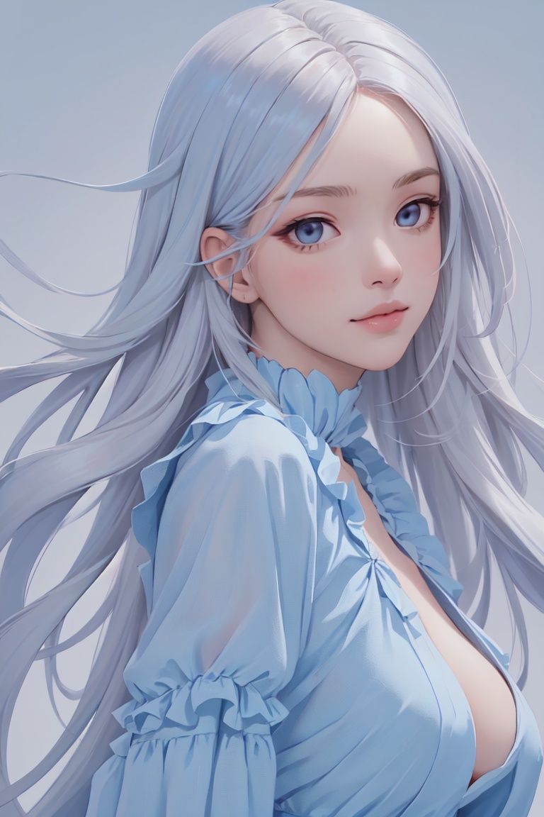 ((photo-realistic)),realistic,RAW photo,1girl, delicate and pretty,((perfect face)),beautiful detailed eyes,light deep blue,(long hair), (bangs),light cream,light simple background, lighting,Rick Owens draped maxi dress with a v-neckline,loraroseblackpink,<lora:loraroseblackpink:0.85:FACE>