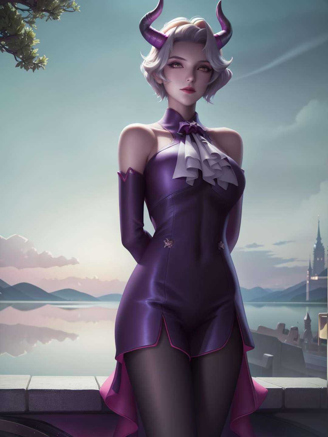 1 girl,horns,dress,arms behind back,cityscape,lake,night,sitting, yellow eyes, short hair,  <lora:milaidi_20230703182517-000012:0.8,>,ascot, 