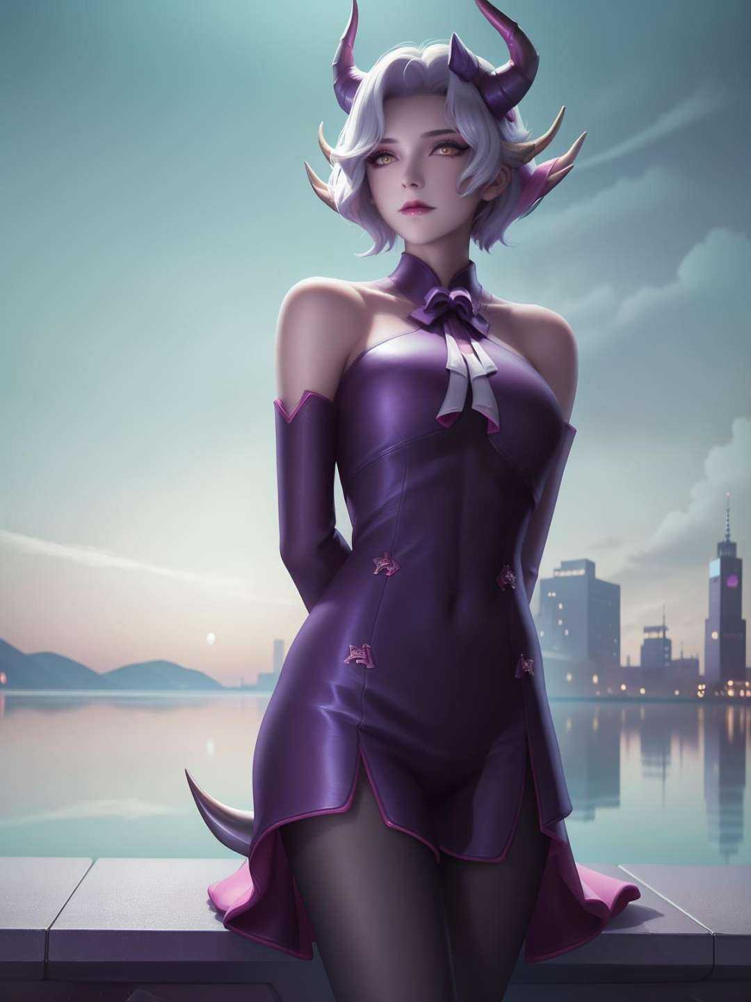 1 girl,gradient horns,dress,arms behind back,cityscape,lake,night,sitting, <lora:milaidi_20230703182517-000010:0.8>,yellow eyes, short hair, 