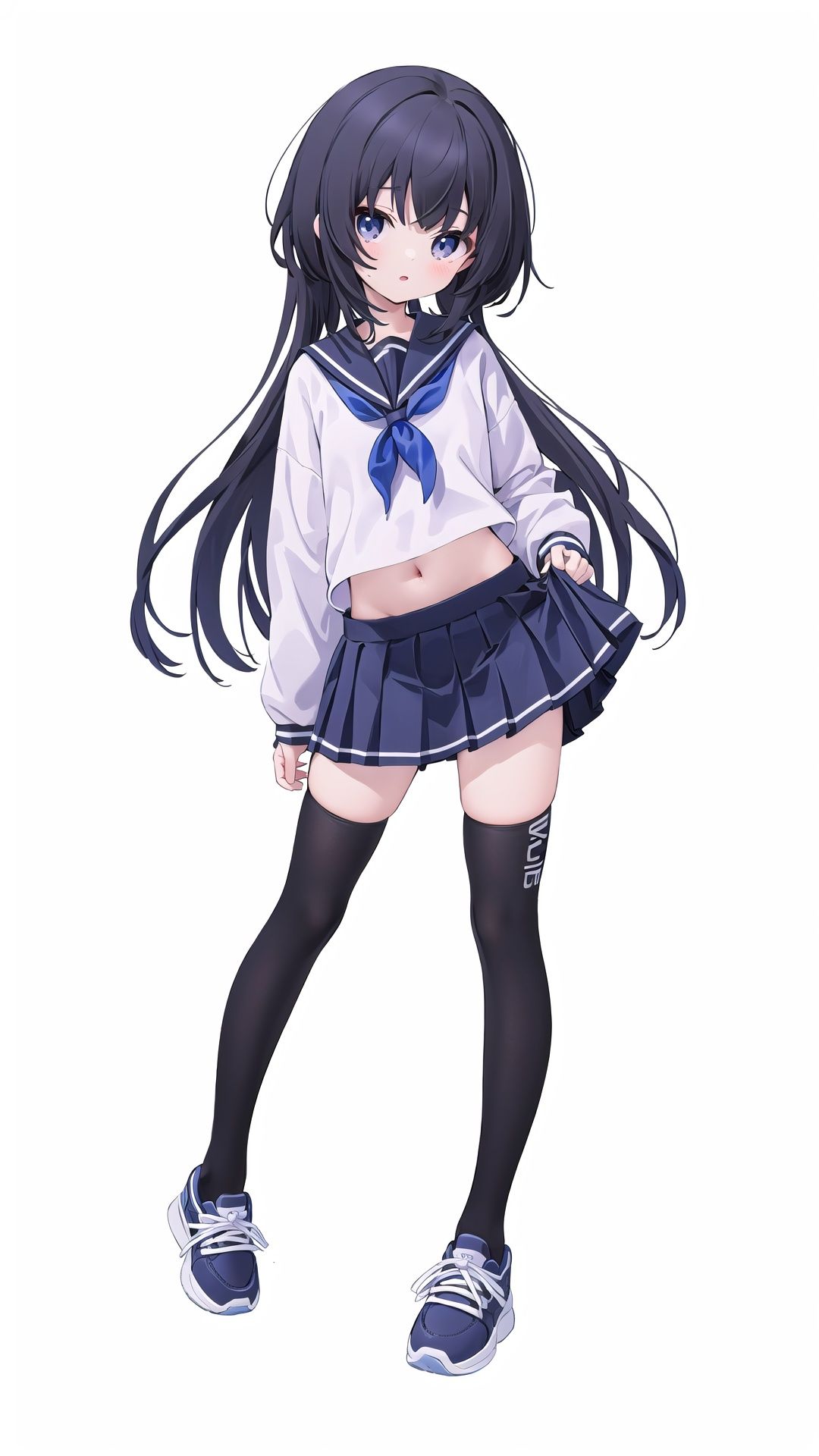 masterpiece,best quality,loli,1girl,solo,full body,standing,serafuku,mini skirt,i,sneakers,white thighhighs,navel,simple background,white background 