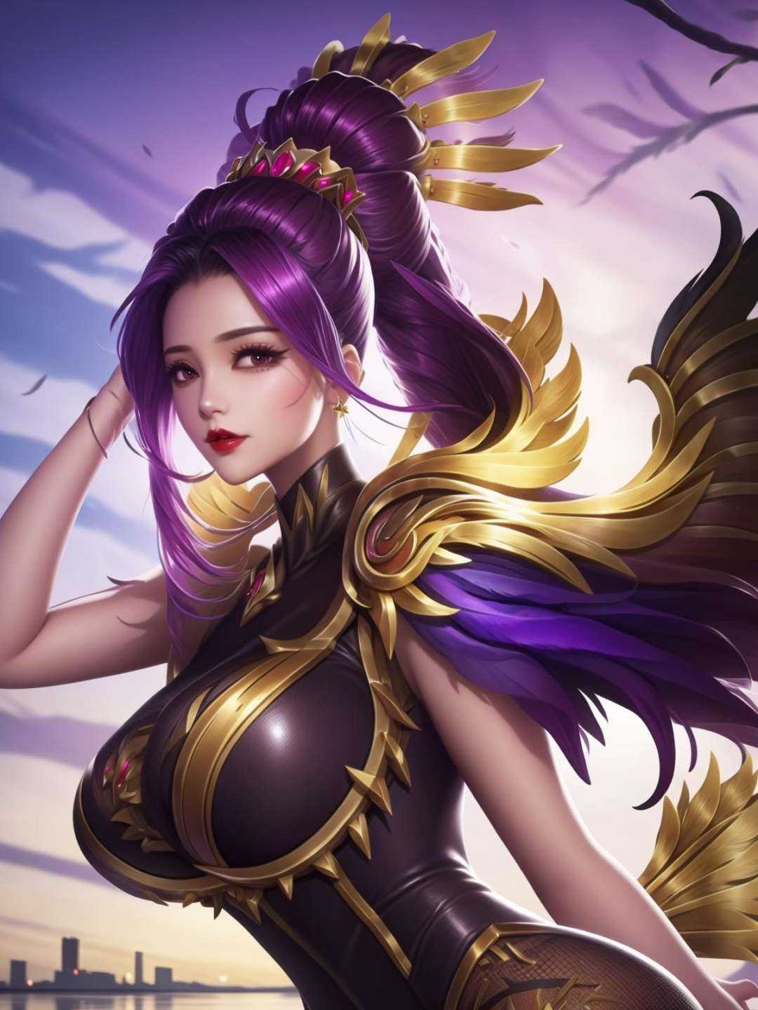 <lora:miyue_20230705150651:0.8>,hair ornament, pantyhos, bodysuit, feathers, ponytail, cityscape, lake, looking at viewer, jewelry, crown,huge breasts, arms behind back, 
