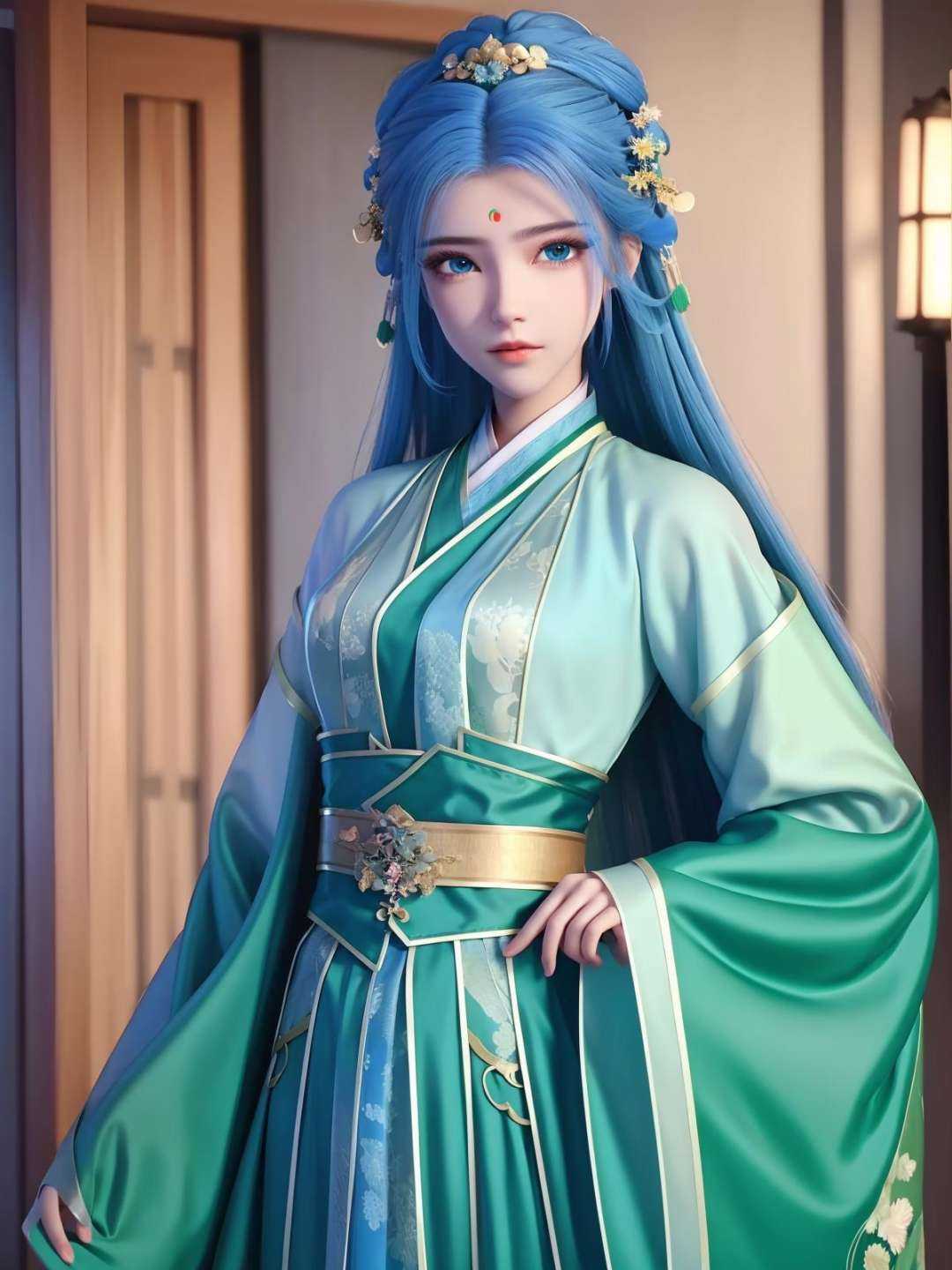 <lora:zhouziyu_20230704194707:0.75>,hanfu,green chinese clothes, obi,hair ornament, long hair, forehead mark, blue eyes, upper body, 