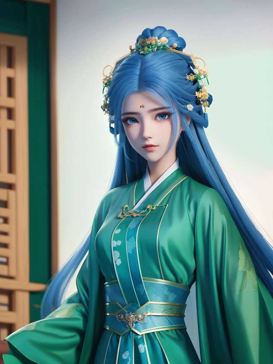 <lora:zhouziyu_20230704194707:0.75>,hanfu,green chinese clothes, obi,hair ornament, long hair, forehead mark, blue eyes, upper body, 