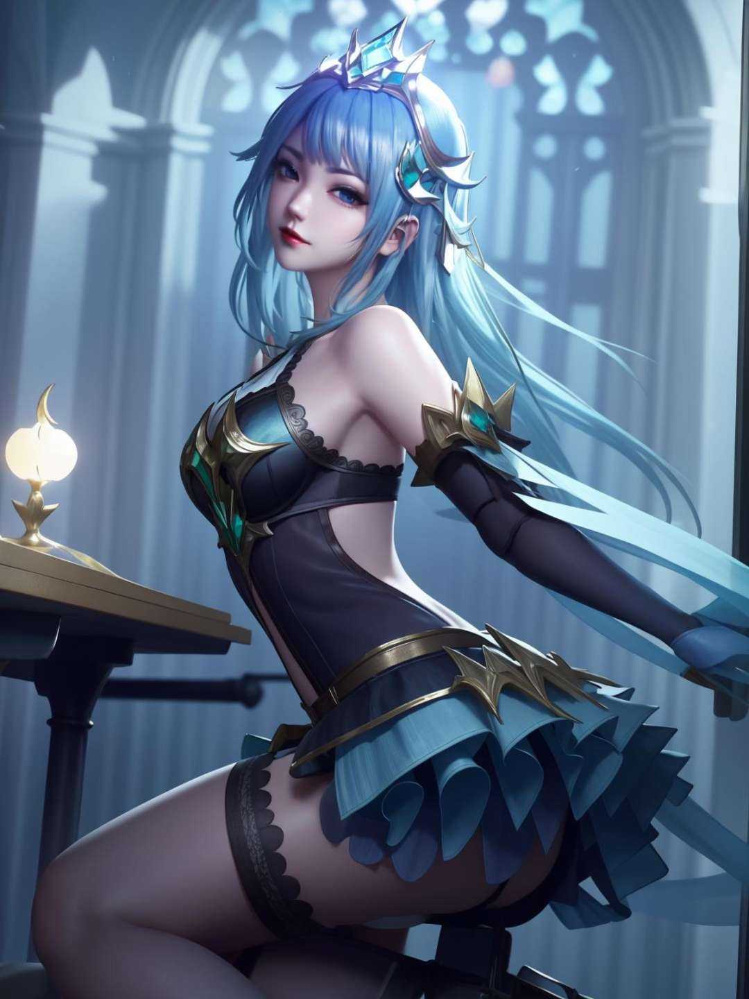 hair ornament,skirt,elbow gloves,looking at viewer,cityscape,night,indoors,window,lake,table,arms behind back, <lora:yujiV_20230705****21:0.7>,light blue hair,sitting,chair,legwear,from below,