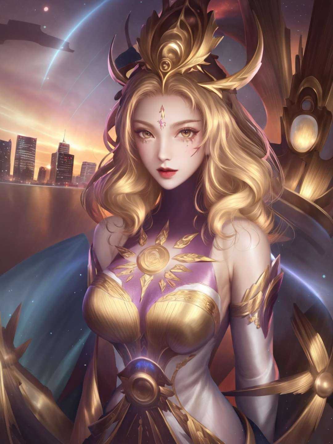 1girl, mature female, hair ornament,  cityscape, night, lake, forehead mark, upper body, dress,long sleeves, arms behind back,  <lora:wuzetiannikesi_20230705195816-000012:0.8>,