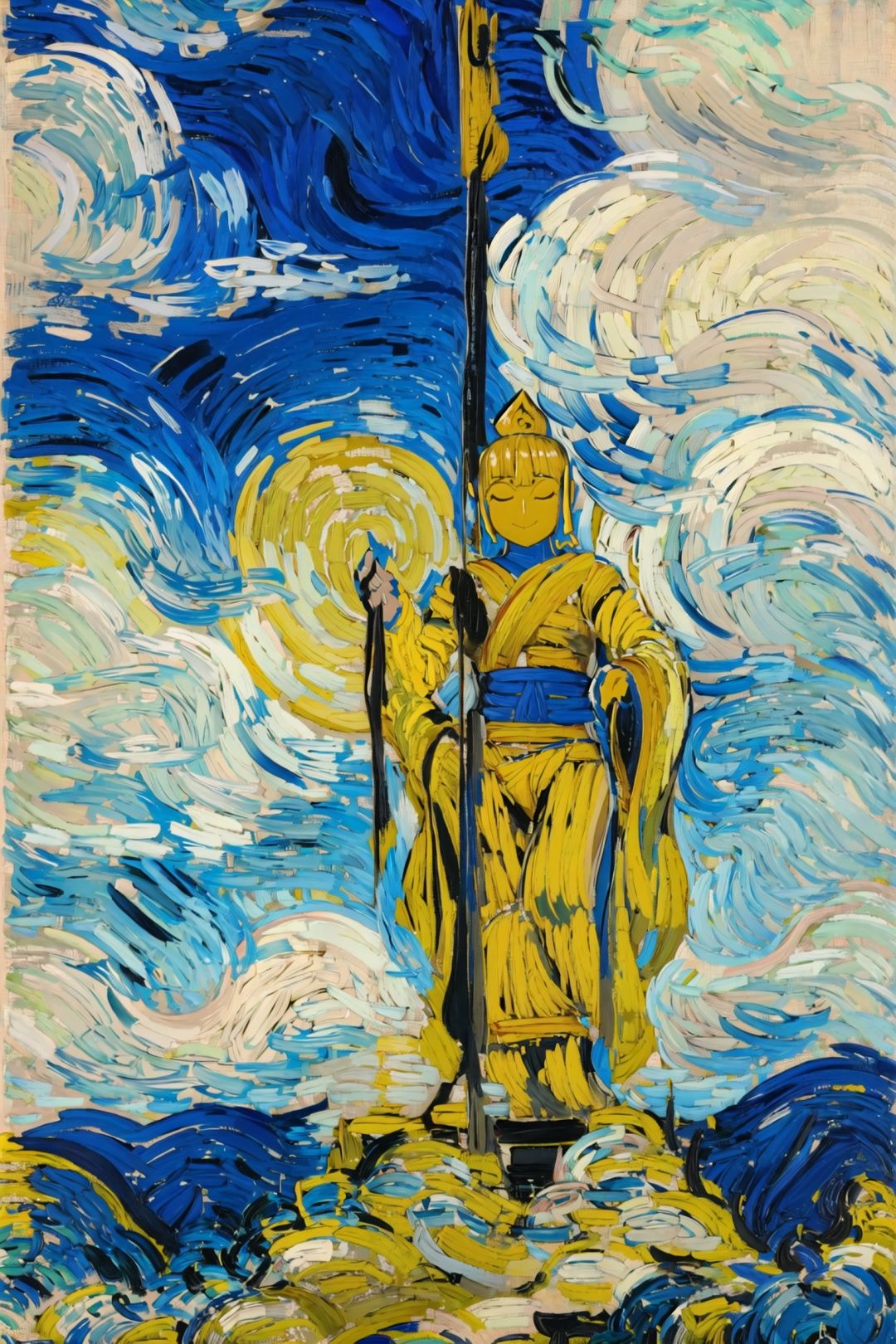 vg,<lora:vgv1-000009:1>,a giant golden Chinese Buddha statue high up on a hill surrounded by clouds,detail,crowd,very wide shot