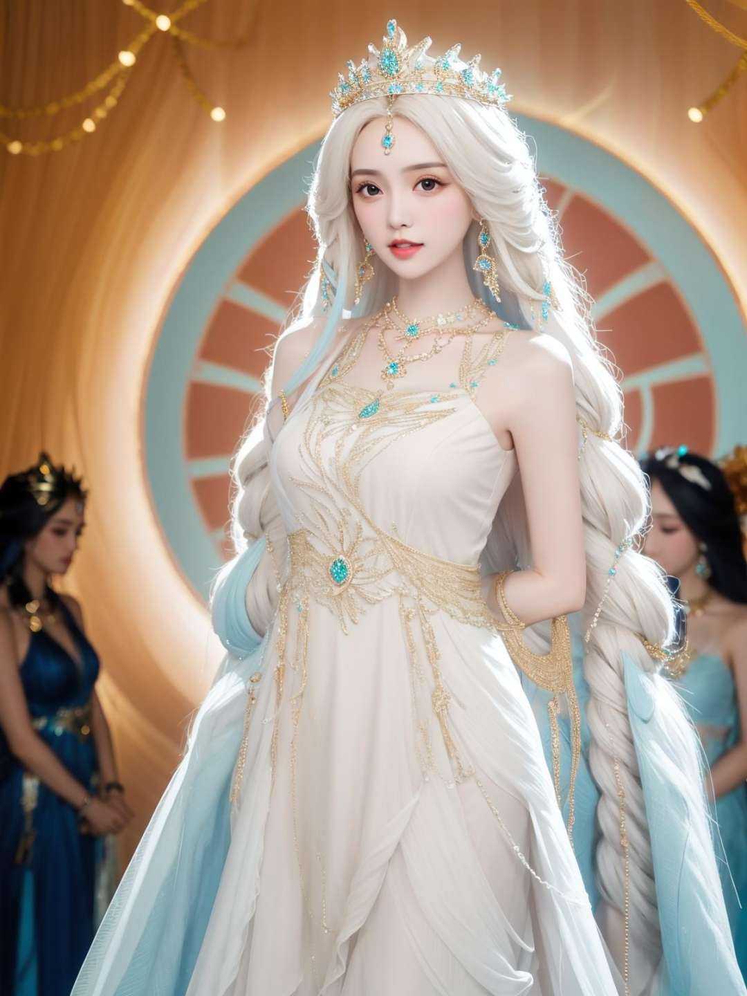 <lora:shanhaiguanwu_20230705185710:0.7>,1girl, long hair, crown, forehead jewel, dress,arms behind back, looking at viewer, necklace, 