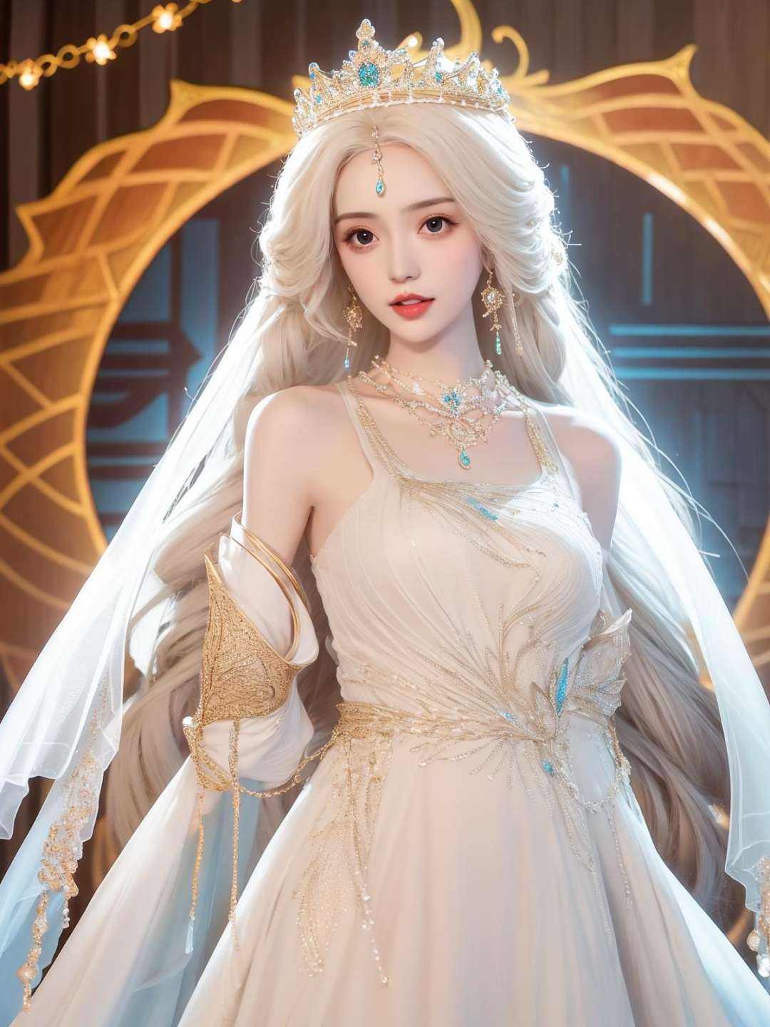 <lora:shanhaiguanwu_20230705185710:0.7>,1girl, long hair, crown, forehead jewel, dress,arms behind back, looking at viewer, necklace, 