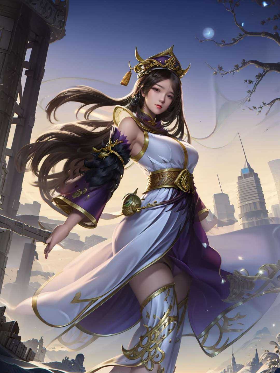 1girl, standing, cityscape, night, lake,looking at viewer, mature female, arms behind back,hair ornament,belt,skirt,boots, hat,chinese clothes, dress,jewelry,  <lora:zhangqiying_20230706151312:0.75>,long sleeves, fur trim, white pirple dress,gem, belt, 