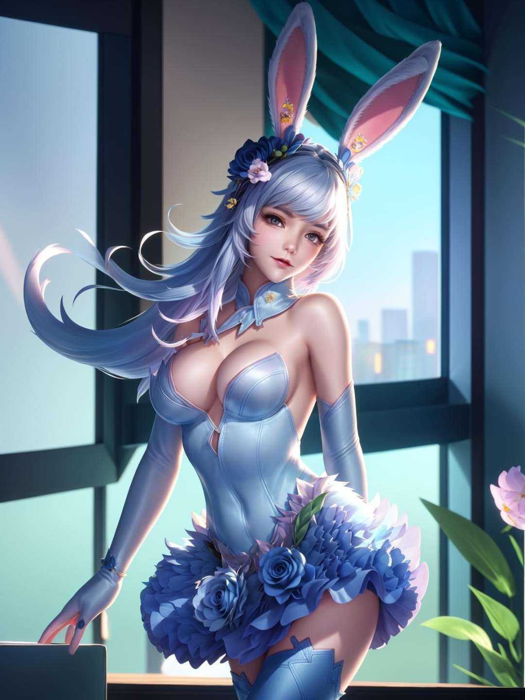 hair ornament,skirt,elbow gloves,looking at viewer,cityscape,night,indoors,window,lake,table,arms behind back,legwear,blue rose,hair flower,rabbit ears, flower skirt,standing, <lora:gongsunlihuajianwu_20230706001822-000010:0.8>,playboy bunny,