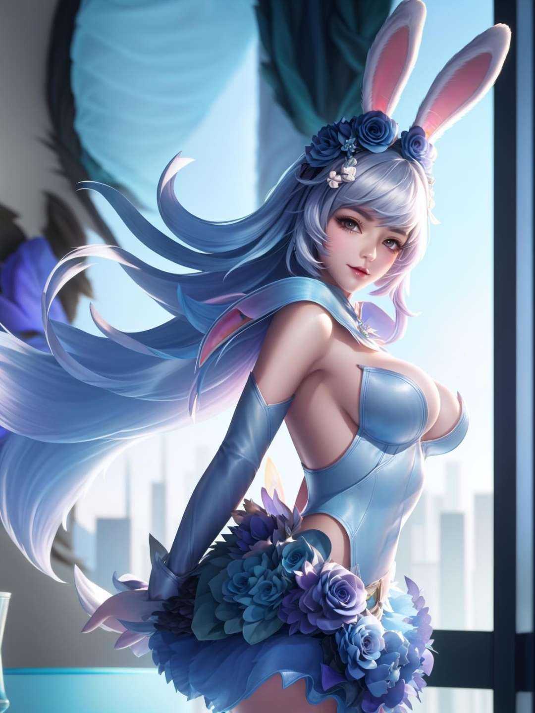 hair ornament,skirt,elbow gloves,looking at viewer,cityscape,night,indoors,window,lake,table,arms behind back,legwear,blue rose,hair flower,rabbit ears, flower skirt,standing, <lora:gongsunlihuajianwu_20230706001822-000010:0.8>,playboy bunny,