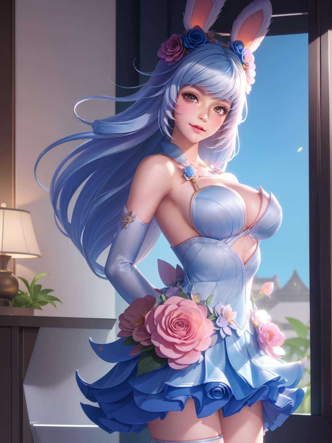 mature female, arms behind back, cityscape,night,facial mark,close-up, indoors,window, 1girl,blush,skirt,looking at viewer,standing,hair ornament, hair flower, dress, flower, rose,long hair,light blue hair,blue skirt,flower skiet,bangs, rabbit ears,  <lora:公孙离花间舞V2:0.8>,