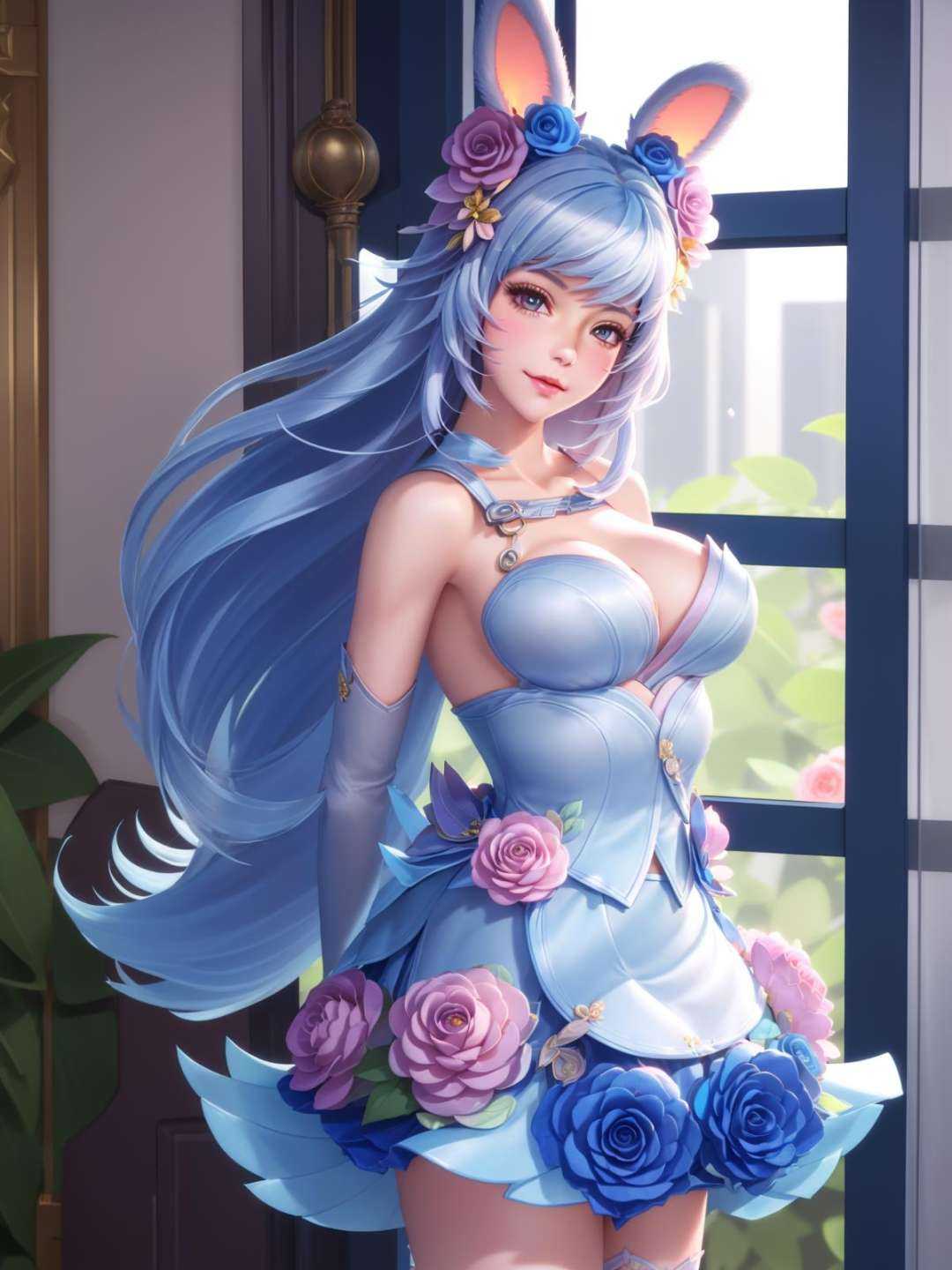 mature female, arms behind back, cityscape,night,facial mark,close-up, indoors,window, 1girl,blush,skirt,looking at viewer,standing,hair ornament, hair flower, dress, flower, rose,long hair,light blue hair,blue skirt,flower skiet,bangs, rabbit ears,  <lora:公孙离花间舞V2:0.8>,