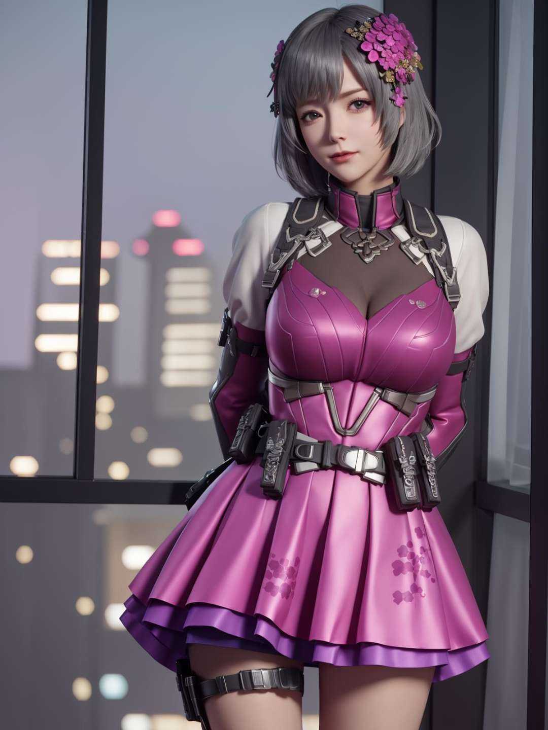 mature female,belt, arms behind back, cityscape,night,facial mark,close-up, indoors,window, 1girl,blush,skirt,thigh holster, tight strap,looking at viewer,standing,holster,hair ornament, hair flower, dress,<lora:yunyouyouLINGHUNWUZHE_20230706223325-000012:0.75>