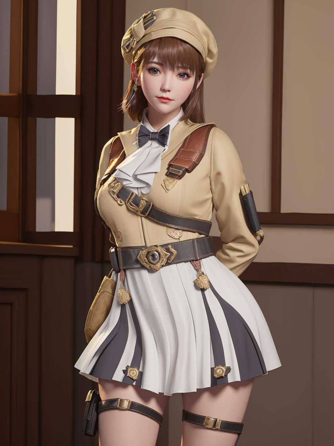 mature female,belt, arms behind back, cityscape,night,facial mark,close-up, indoors,window, 1girl,blush,skirt,pouch,belt pouch,thigh holster,  tight strap,looking at viewer, bowtie,standing,beret,hat,<lora:yunyouyouQIANFU_20230706220400:0.75>,