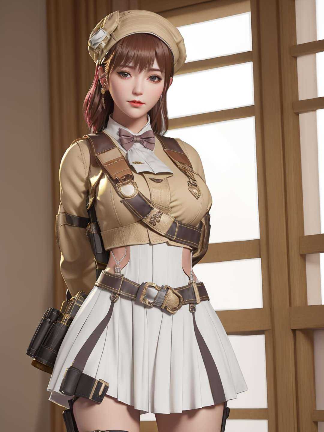 mature female,belt, arms behind back, cityscape,night,facial mark,close-up, indoors,window, 1girl,blush,skirt,pouch,belt pouch,thigh holster,  tight strap,looking at viewer, bowtie,standing,beret,hat,<lora:yunyouyouQIANFU_20230706220400:0.75>,