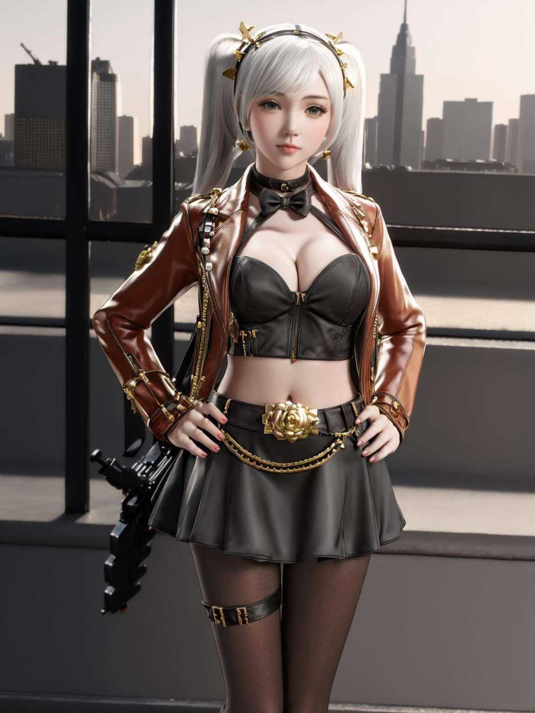 hair ornament, looking at viewer, miniskirt, bow, twintails, jacket, pantyhose, standing, arms behind back, belt,ribbon, thigh strap, hair bow, bowtie,navel,white hair, short hair, gold chain, red jacket, <lora:shenpanzhe_20230707112857-000018:0.8>,cityscape, night, lake, 