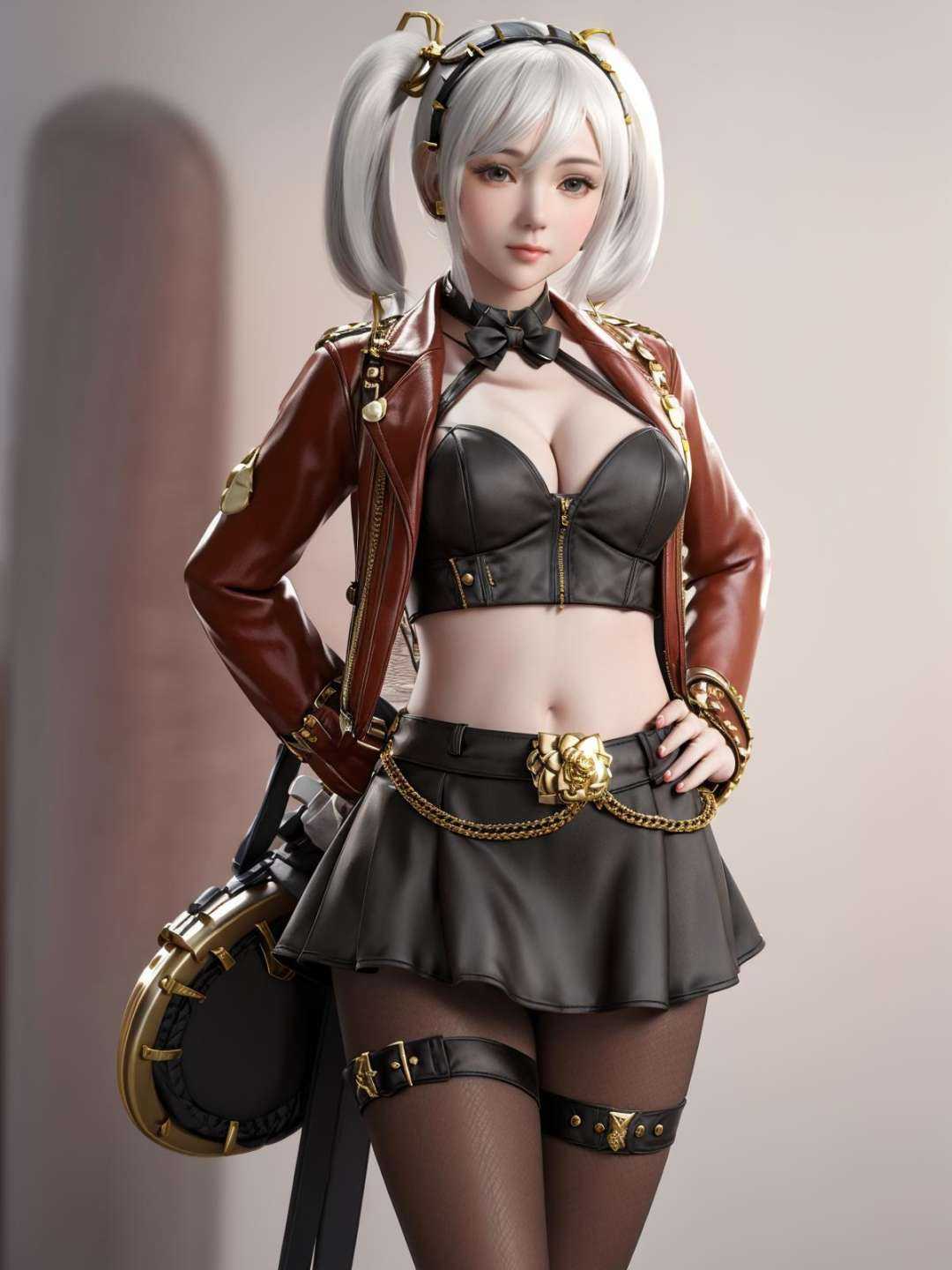hair ornament, looking at viewer, miniskirt, bow, twintails, jacket, pantyhose, standing, arms behind back, belt,ribbon, thigh strap, hair bow, bowtie,navel, <lora:shenpanzhe_20230707112857:0.75>,white hair, short hair, gold chain, red jacket,