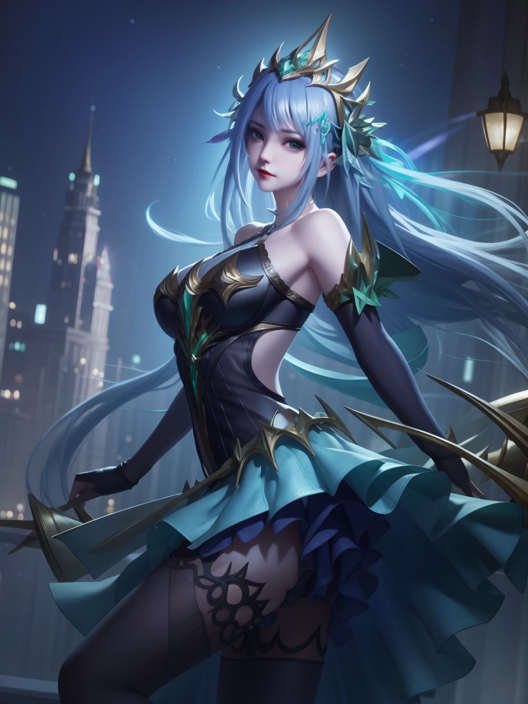 ,hair ornament, bare shoulders, elbow gloves, dress, legwear, standing, arms behind back, cityscape, night, lake, mature female, looking at viewer,  <lora:虞姬启明星使V2:0.75>