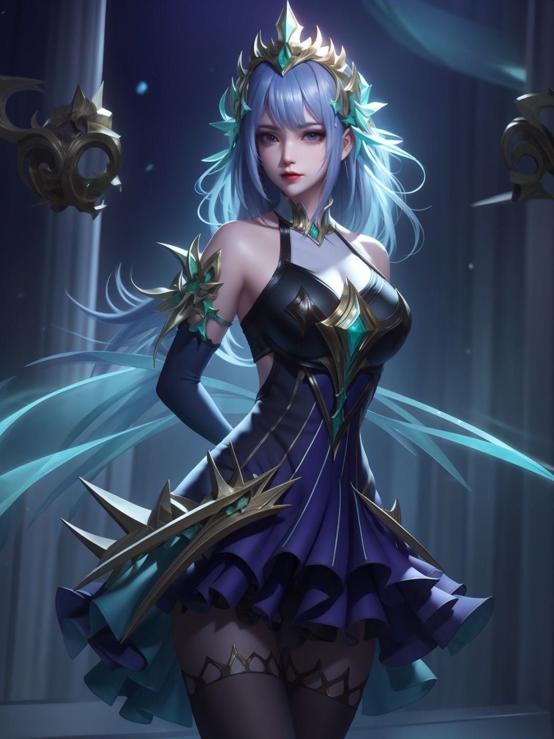 ,hair ornament, bare shoulders, elbow gloves, dress, legwear, standing, arms behind back, cityscape, night, lake, mature female, looking at viewer,  <lora:虞姬启明星使V2:0.75>
