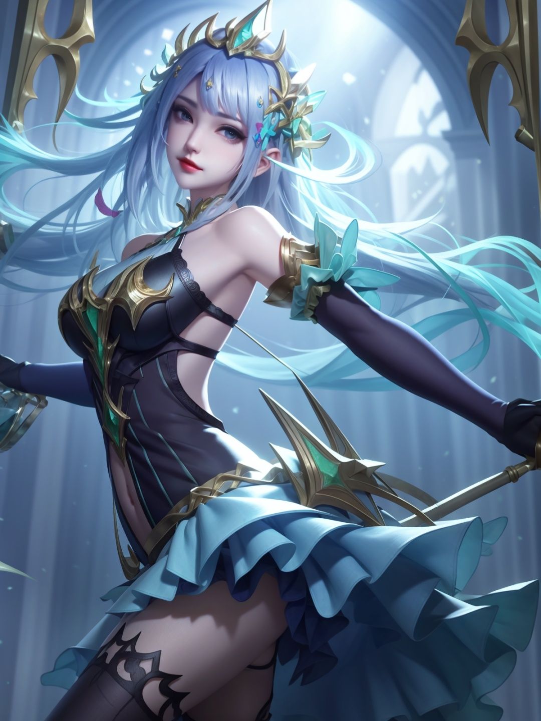 <lora:y_20230707155245:0.75>,hair ornament, bare shoulders, elbow gloves, dress, legwear, 