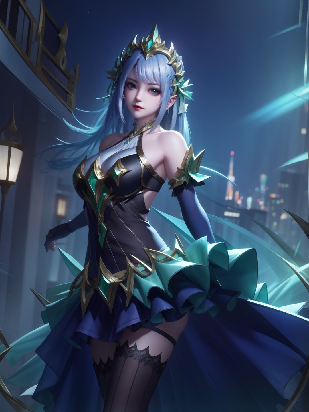 ,hair ornament, bare shoulders, elbow gloves, dress, legwear, standing, arms behind back, cityscape, night, lake, mature female, looking at viewer,  <lora:虞姬启明星使V2:0.75>