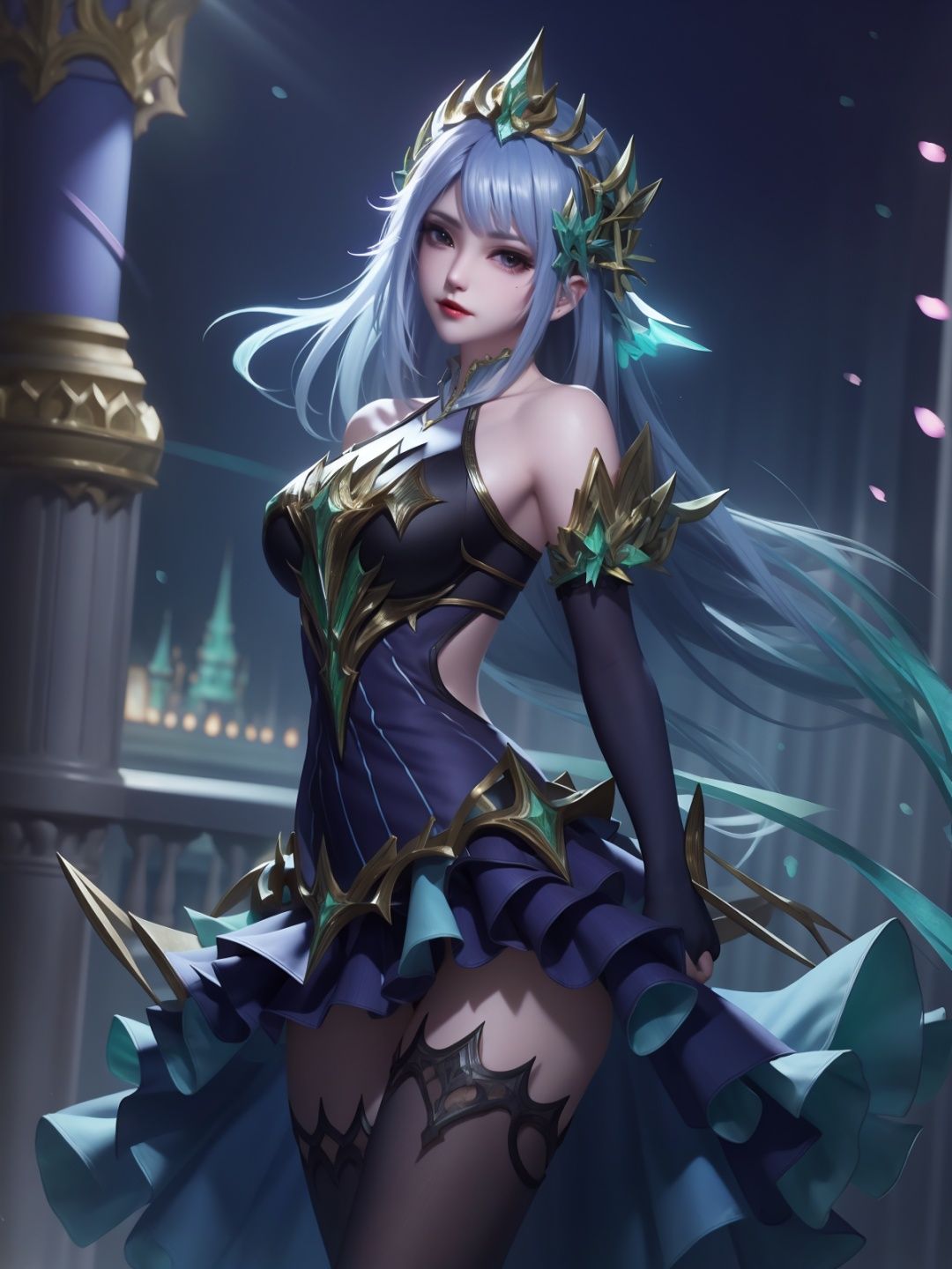 ,hair ornament, bare shoulders, elbow gloves, dress, legwear, standing, arms behind back, cityscape, night, lake, mature female, looking at viewer, <lora:y_20230707155245-000007:0.75>