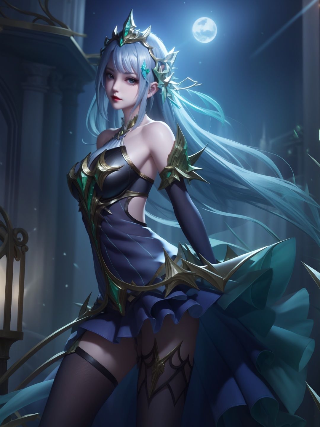 ,hair ornament, bare shoulders, elbow gloves, dress, legwear, standing, arms behind back, cityscape, night, lake, mature female, looking at viewer,  <lora:虞姬启明星使V2:0.75>
