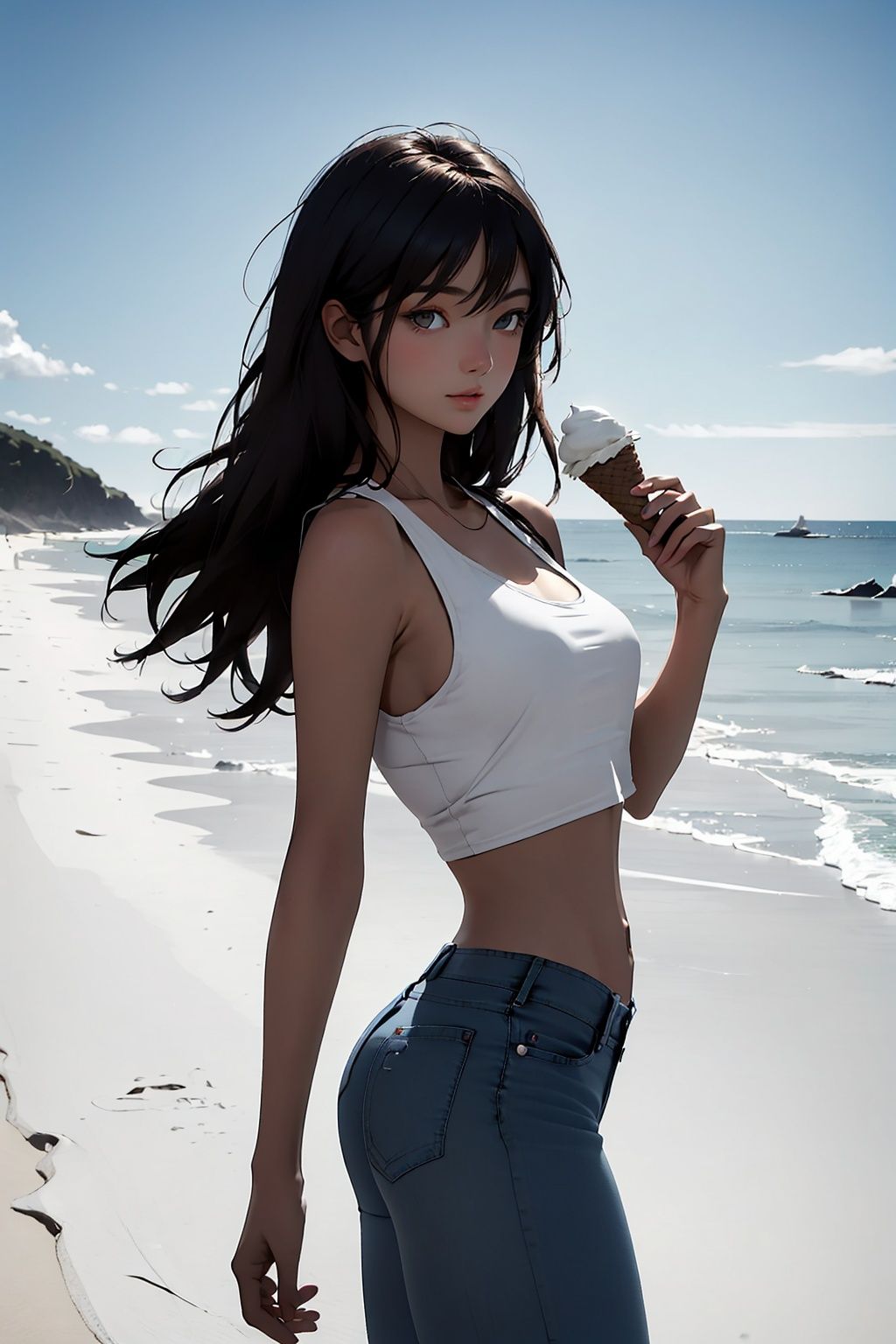 fair complexion, clear eyelids, bright eyes, dark brown wavy hair, wearing white navel-less **** top and blue skinny jeans holding ice cream in hand, 15 year old student showing beautiful facial details and skin texture.   Looking back, 1 girl with a beach by the sea in the background,Silhouette