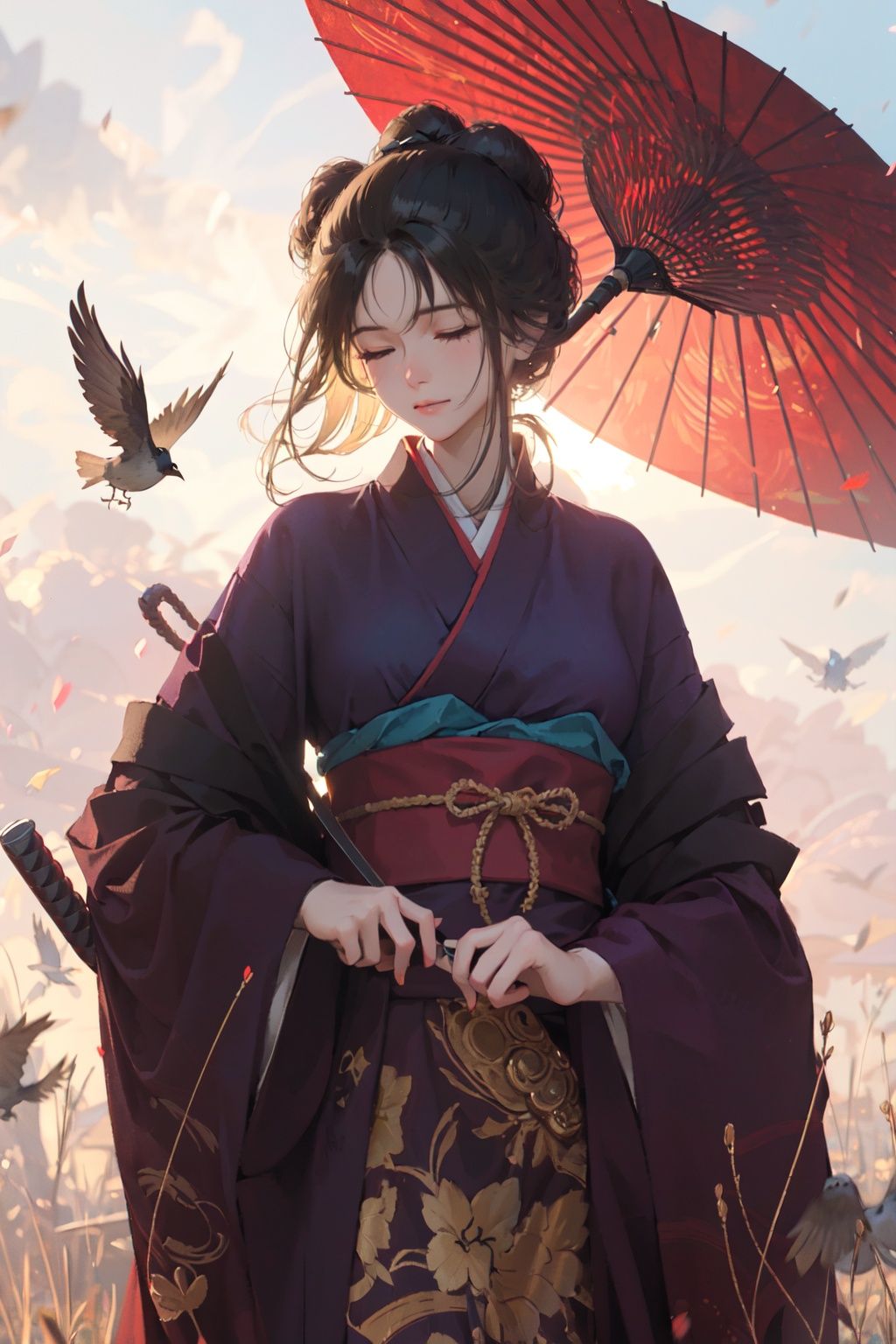 (masterpiece:1.2), best quality,pixiv, emma,1girl, bird, solo, outdoors, holding, japanese clothes, grass, black hair, kimono, weapon, closed mouth, long sleeves, closed eyes, gun, hanfu, hand fan, holding weapon, wide sleeves, standing, holding fan, bangs, umbrella, holding gun, chinese clothes, sky, artist name <lora:emma_20230706225121-000007:0.9>  