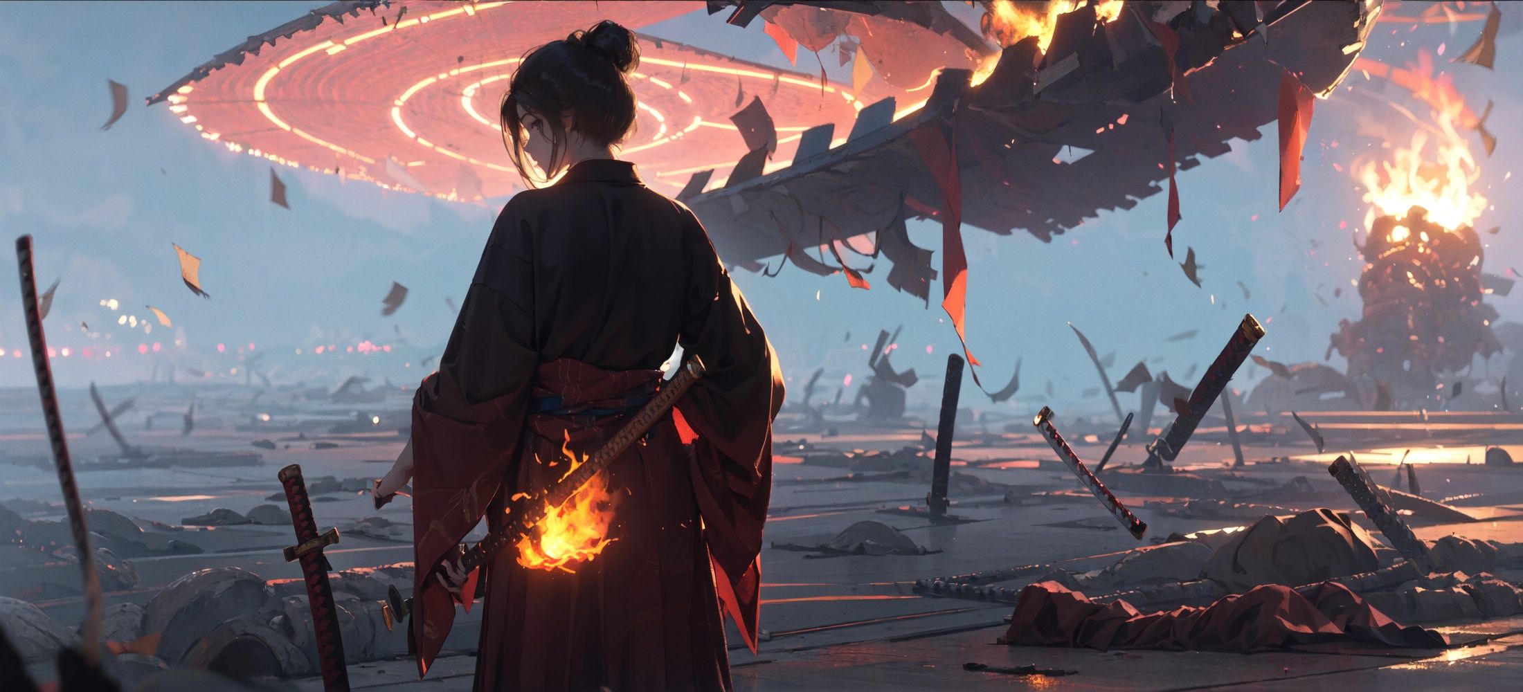 (masterpiece:1.2), best quality,pixiv, emma,weapon, sword, solo,monster, 1boy, black hair, fire, long hair, japanese clothes, katana, dark, standing, holding, from behind <lora:emma_20230706225121-000007:0.9>  