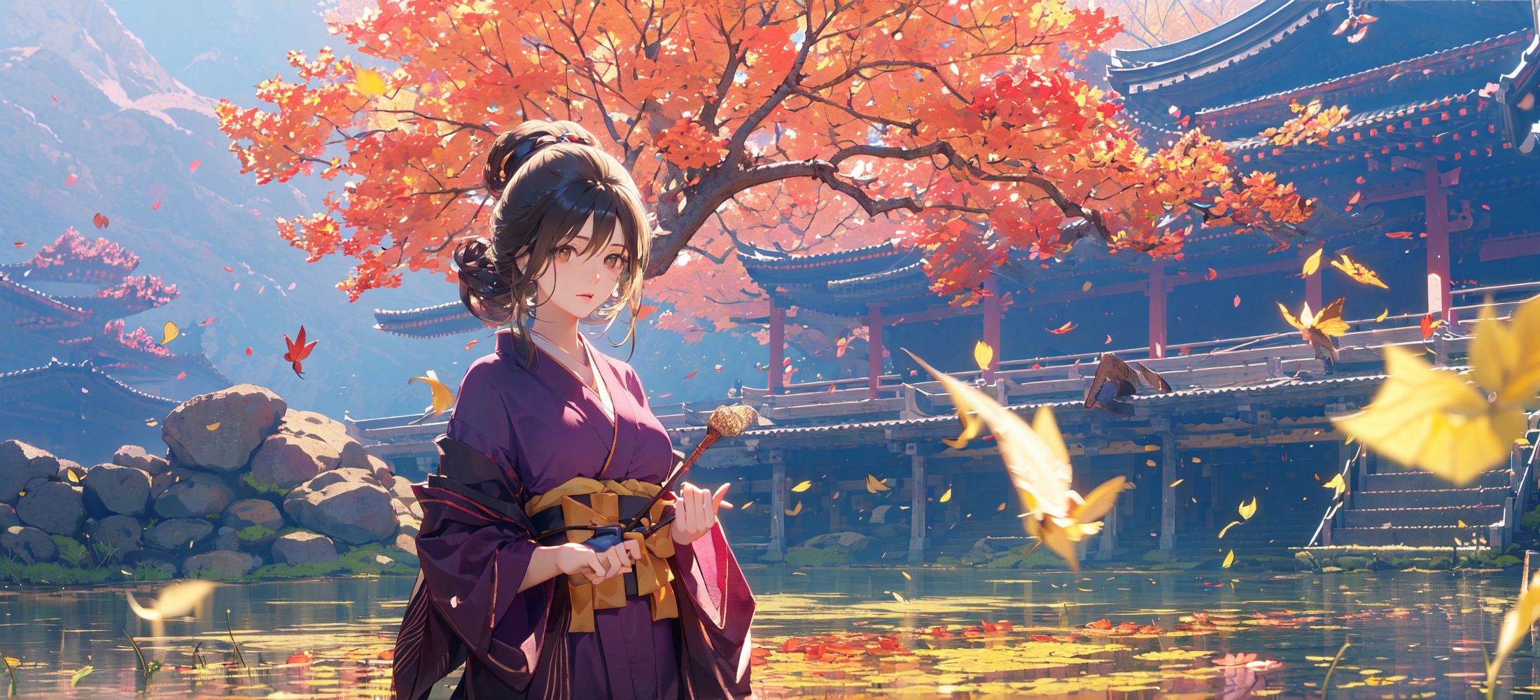 (masterpiece:1.2), best quality,pixiv, emma,Black hair, brown eyes, kimono, medium breast,show cleavage,upper body, standing in water,Japanese courtyard, yellow leaves, autumn, pond, stone, dry landscape,koi, <lora:emma_20230706225121-000007:0.9> 