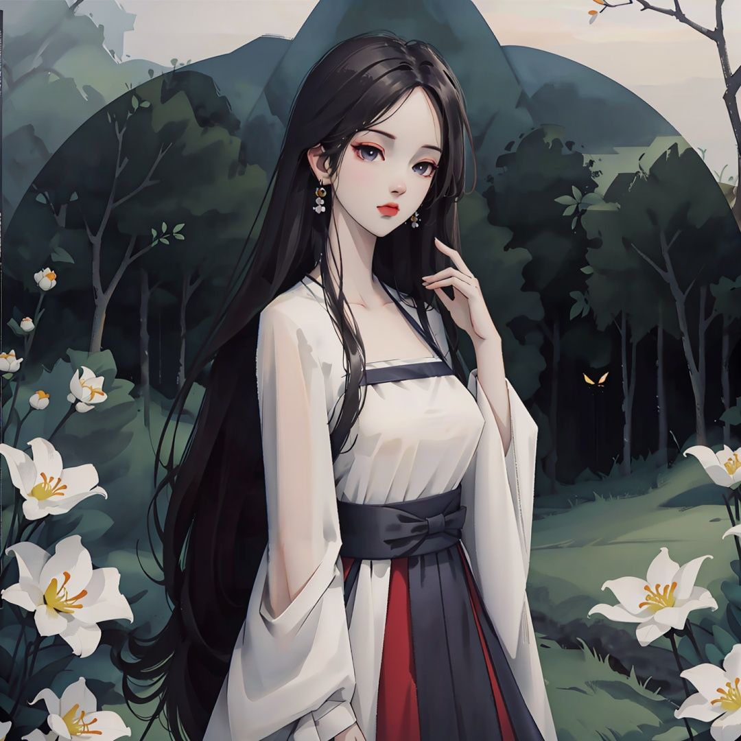 a landscape full body shot photo of beautiful girl standing under a giant tree in a flower meadow, night scenery, darkness, full moon, grass, flowers, dust, light particles, fireflies, intricate landscape,
cinematic composition, depth of field, 4k, 8k, (masterpiece, ultra detailed face, detailed eyes), (two eyes, nose, mouth), best quality, high resolution, high quality, ohara koson, , 
,2.5D,shidudou
