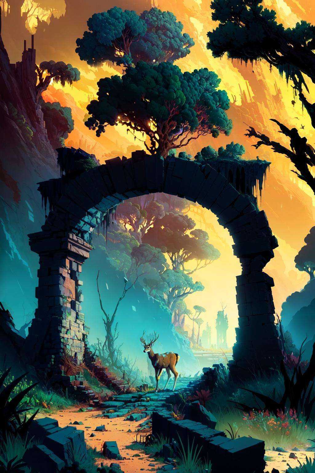 by kilian eng a deer crossing ancient ruins in a magical overgrown forest,  golden hour lighting on Tensor.Art
