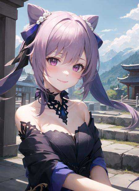 <lora:keqing1-000009:1>, keqingopulent, upper body, smile, blush, outdoors, day, simple background, blue sky, short hair, sky, temple, looking at viewer, stairs, mountain, moody lighting, facing viewer, 